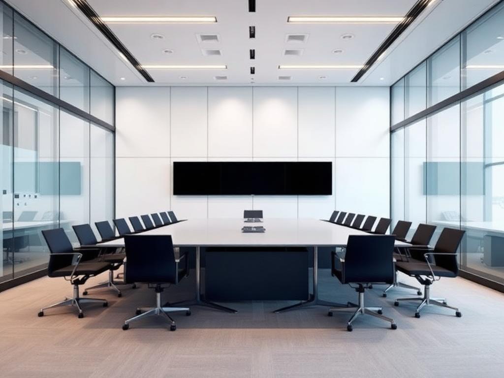 Glass-walled conference room with boardroom table and presentation display near ATL airport