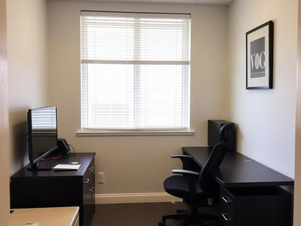 Modern private office suite near Atlanta airport with desk, ergonomic chair and natural light